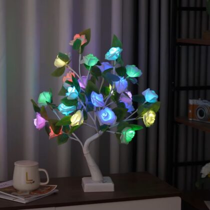 Jorix Christmas Twig Tree Light LED Rose Artificial Bonsai Tree With Green Leaf  Warm White Night String Lights Rechargeable Dimmable Remote Control USB/Battery Powered